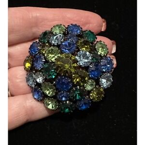 Vintage Schrager Blue & Green Rhinestone Dome Brooch 2"
